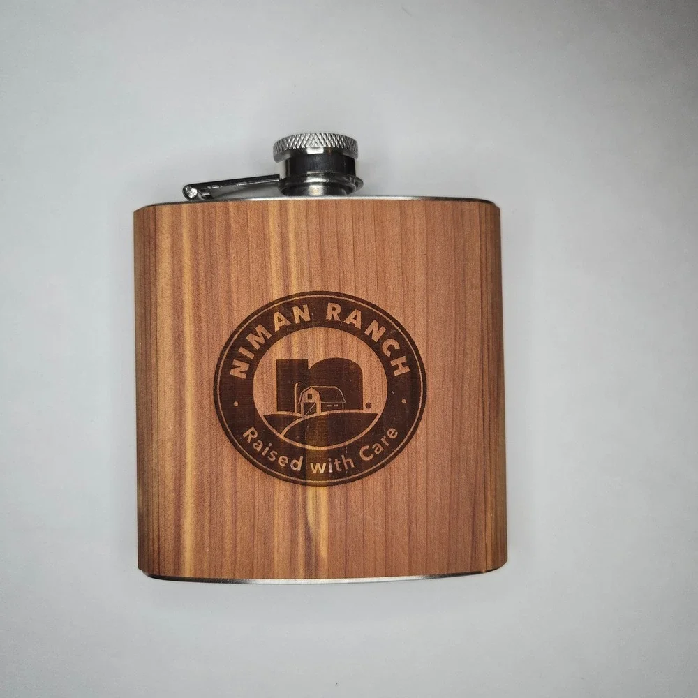 WOODCHUCK Niman Ranch Wood Wrapped Flask Stainless Steel 6 oz Laser Engraved EUC